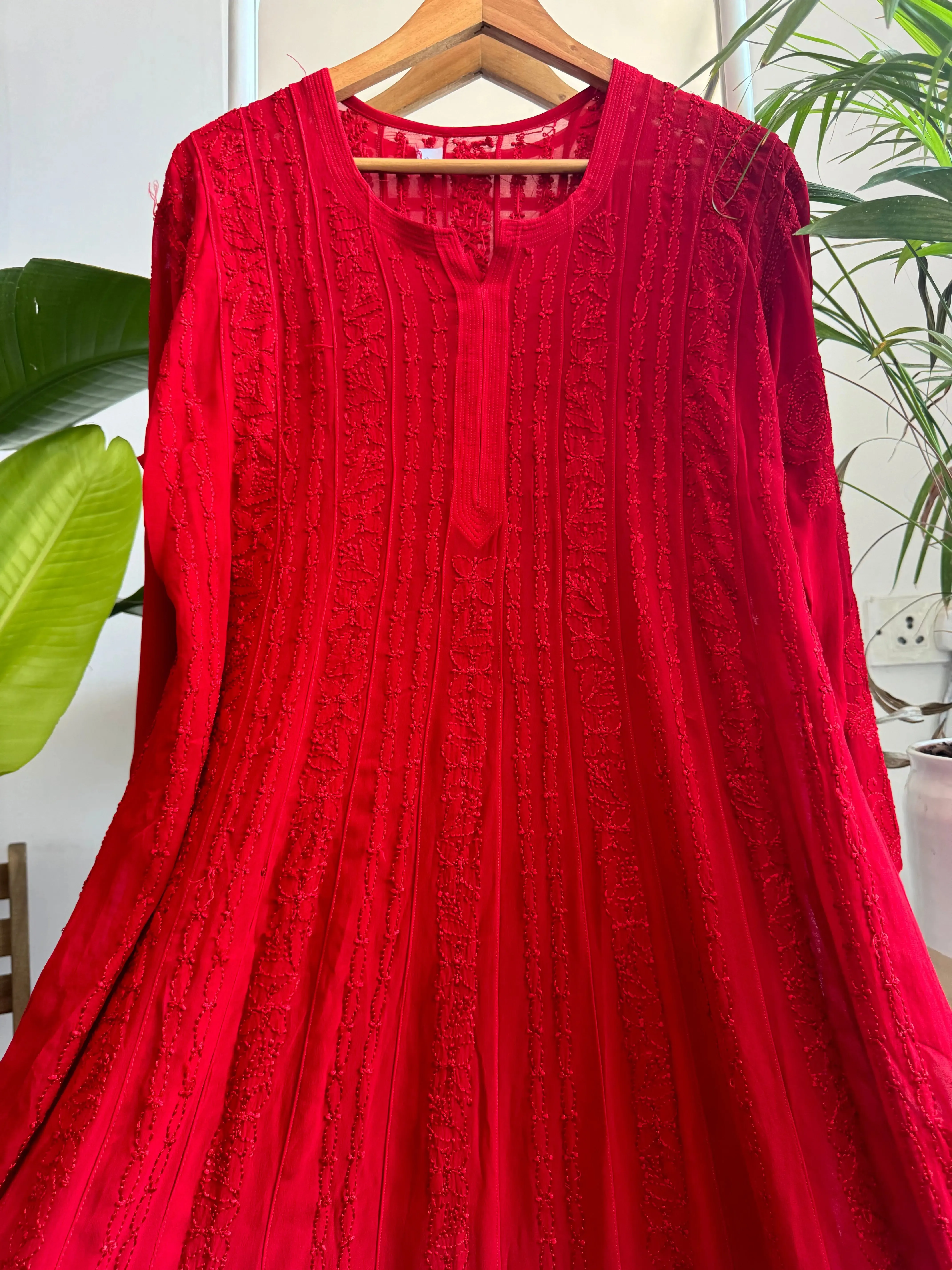 Viscose Chikankari Anarkali - Red