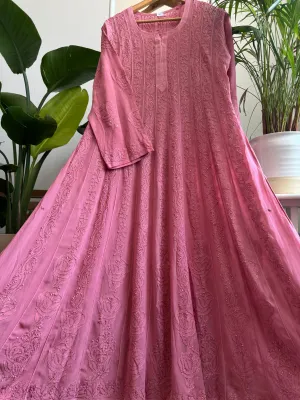 Viscose Chikankari Anarkali - Rosewood Pink