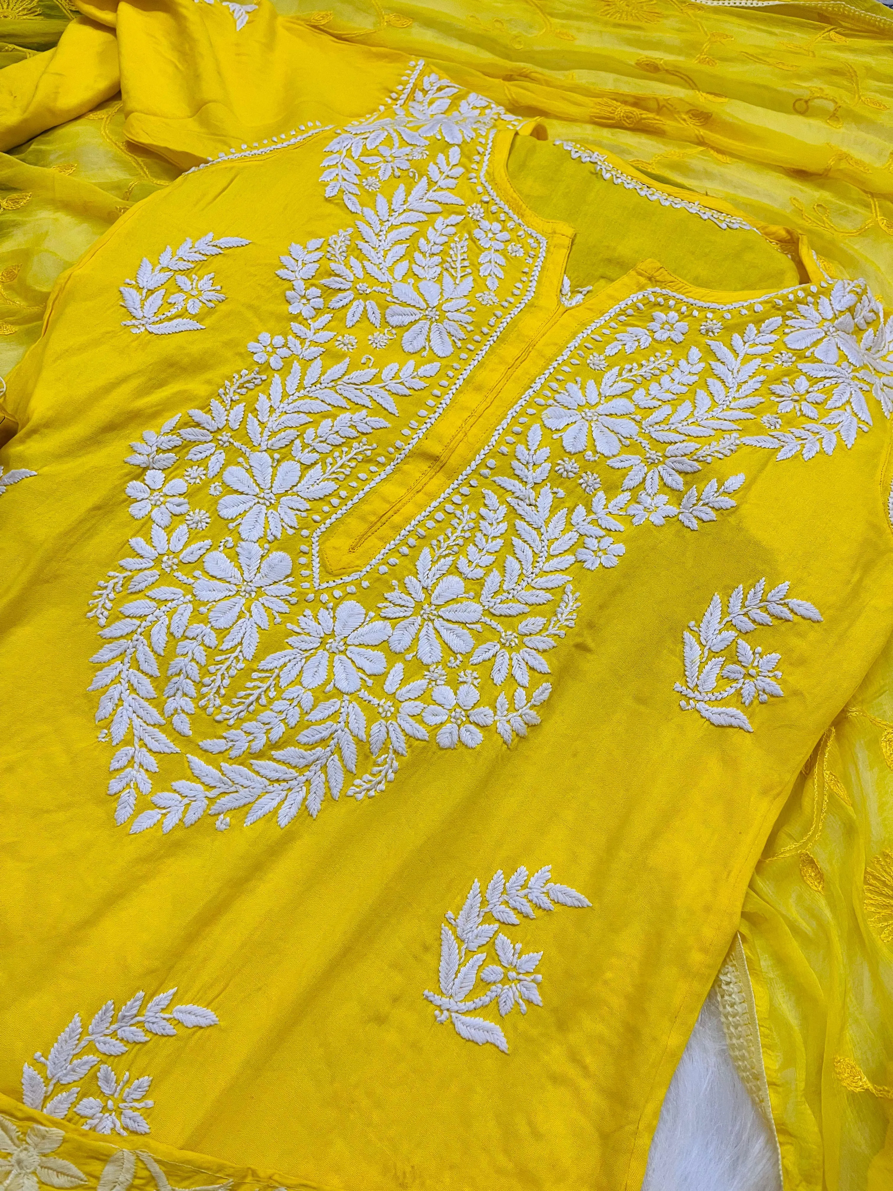 Yellow 3 Pc Lucknow Chikankari Handwork Kurti, Pant, and Dupatta Set