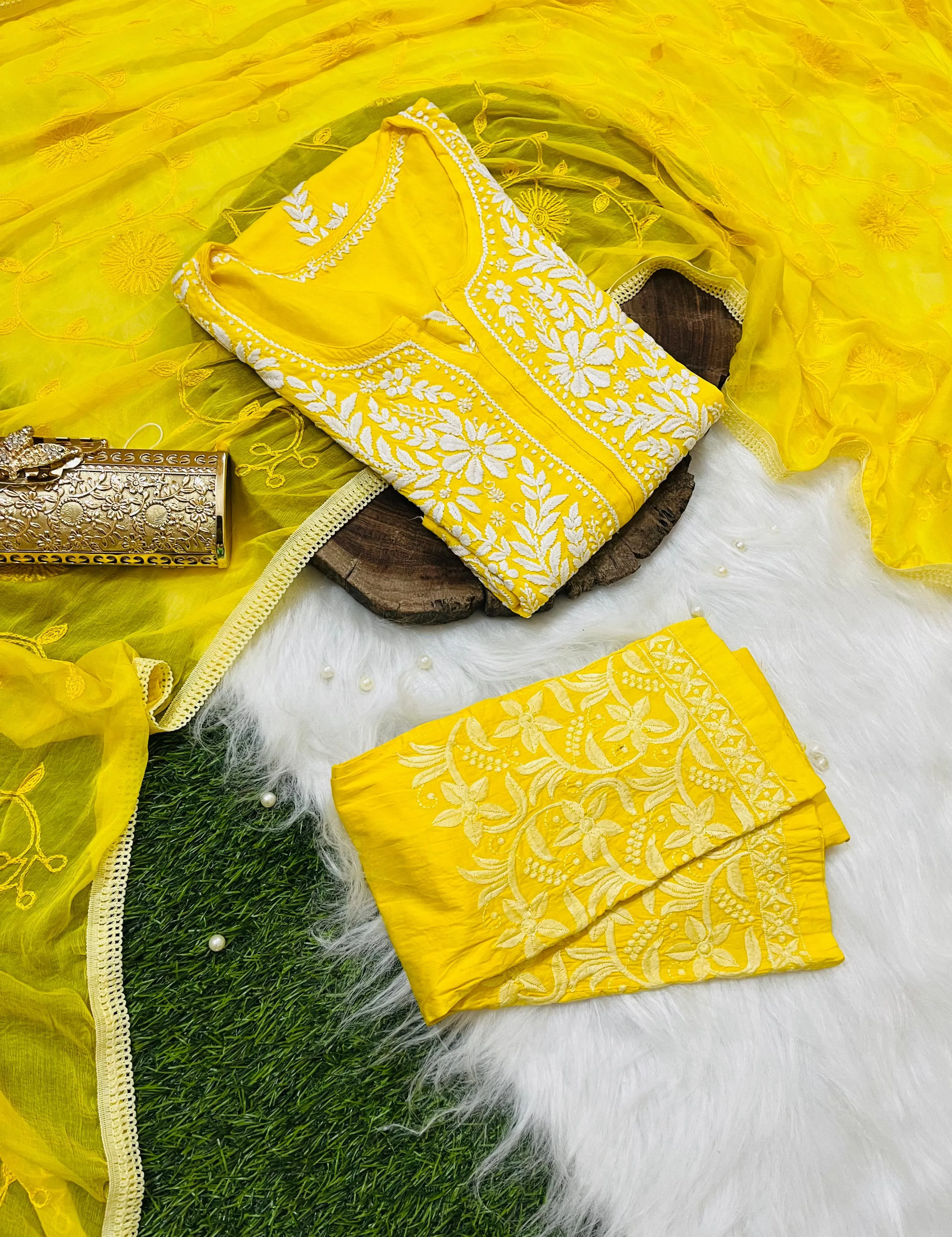 Yellow 3 Pc Lucknow Chikankari Handwork Kurti, Pant, and Dupatta Set