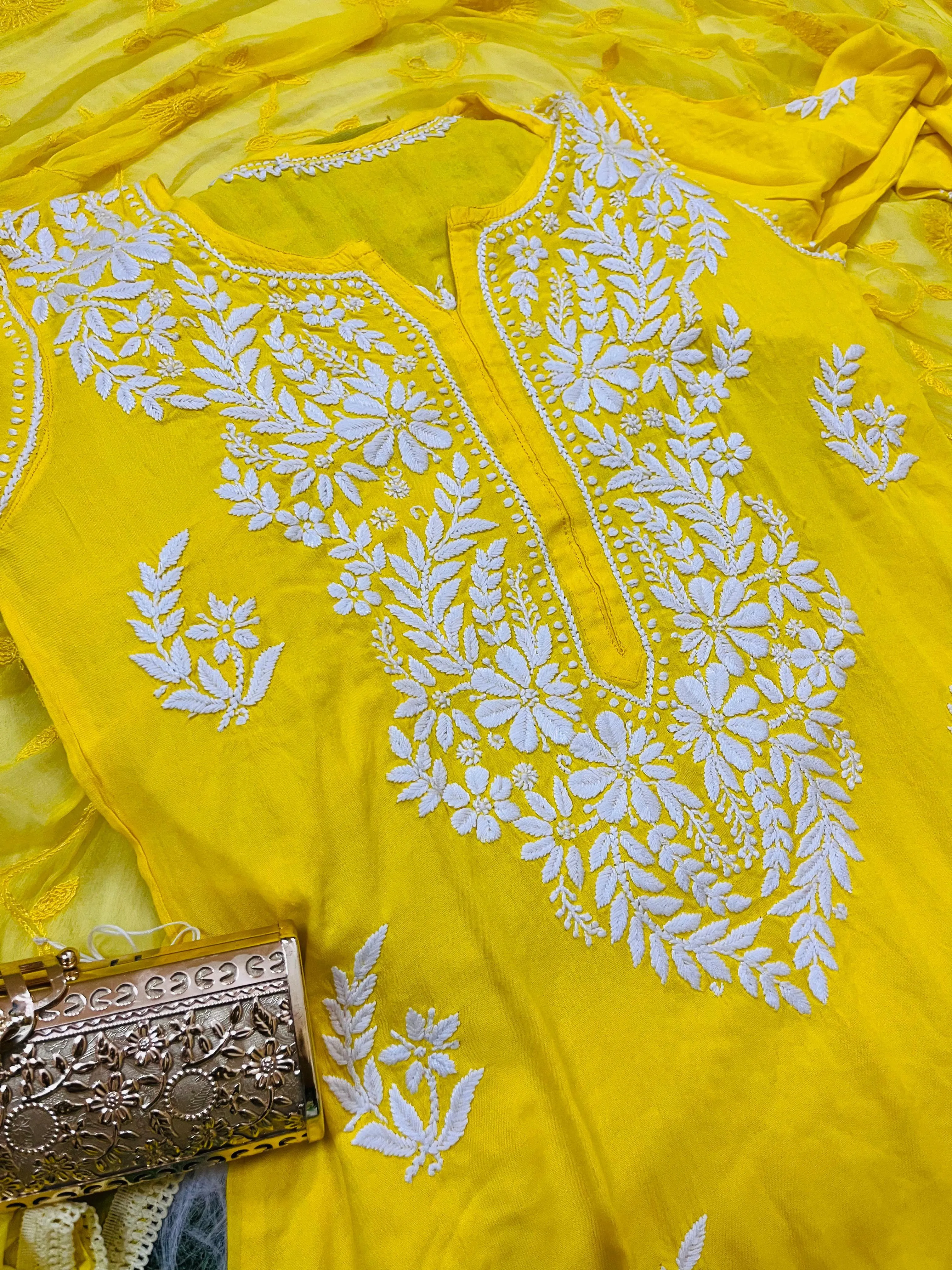 Yellow 3 Pc Lucknow Chikankari Handwork Kurti, Pant, and Dupatta Set