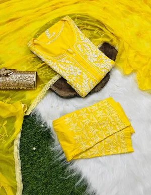 Yellow 3 Pc Lucknow Chikankari Handwork Kurti, Pant, and Dupatta Set
