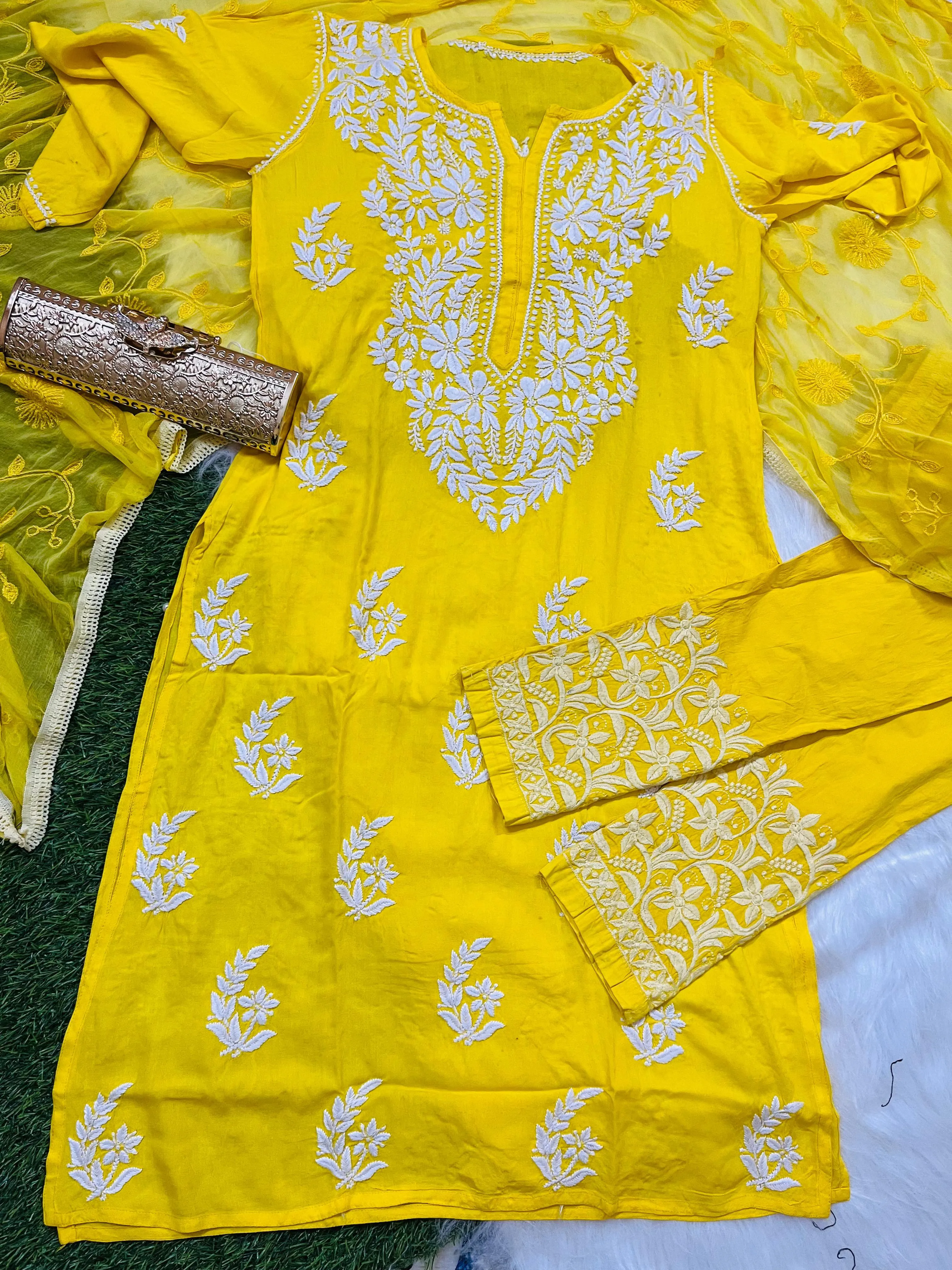 Yellow 3 Pc Lucknow Chikankari Handwork Kurti, Pant, and Dupatta Set